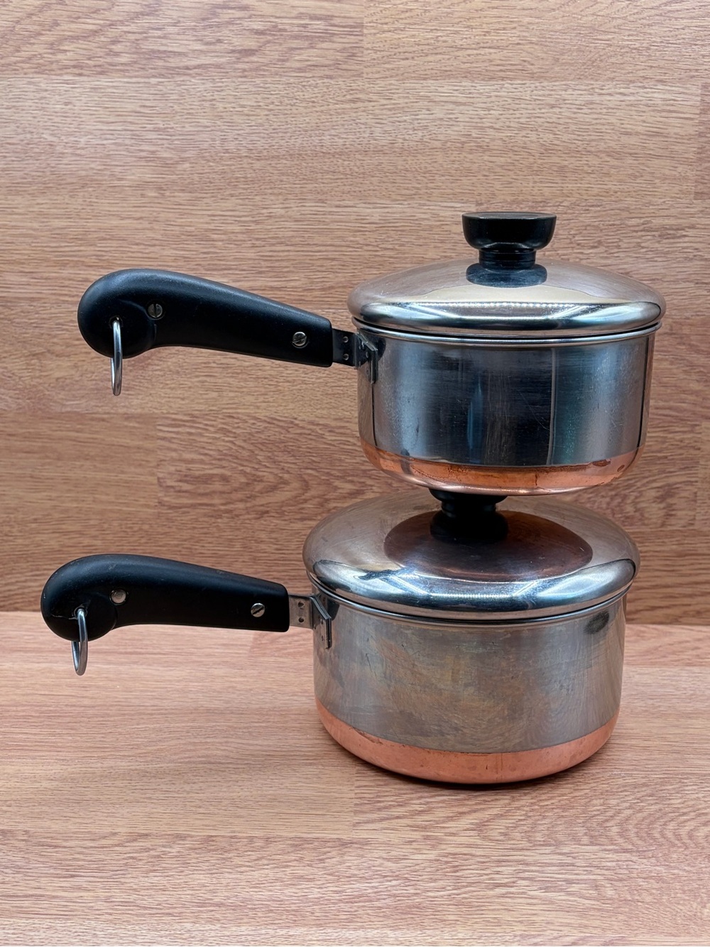 VTG Set Of Revere Ware 1801 Copper Clad Saucepan Set  1-1/2 qt & 1 qt & Lids USA